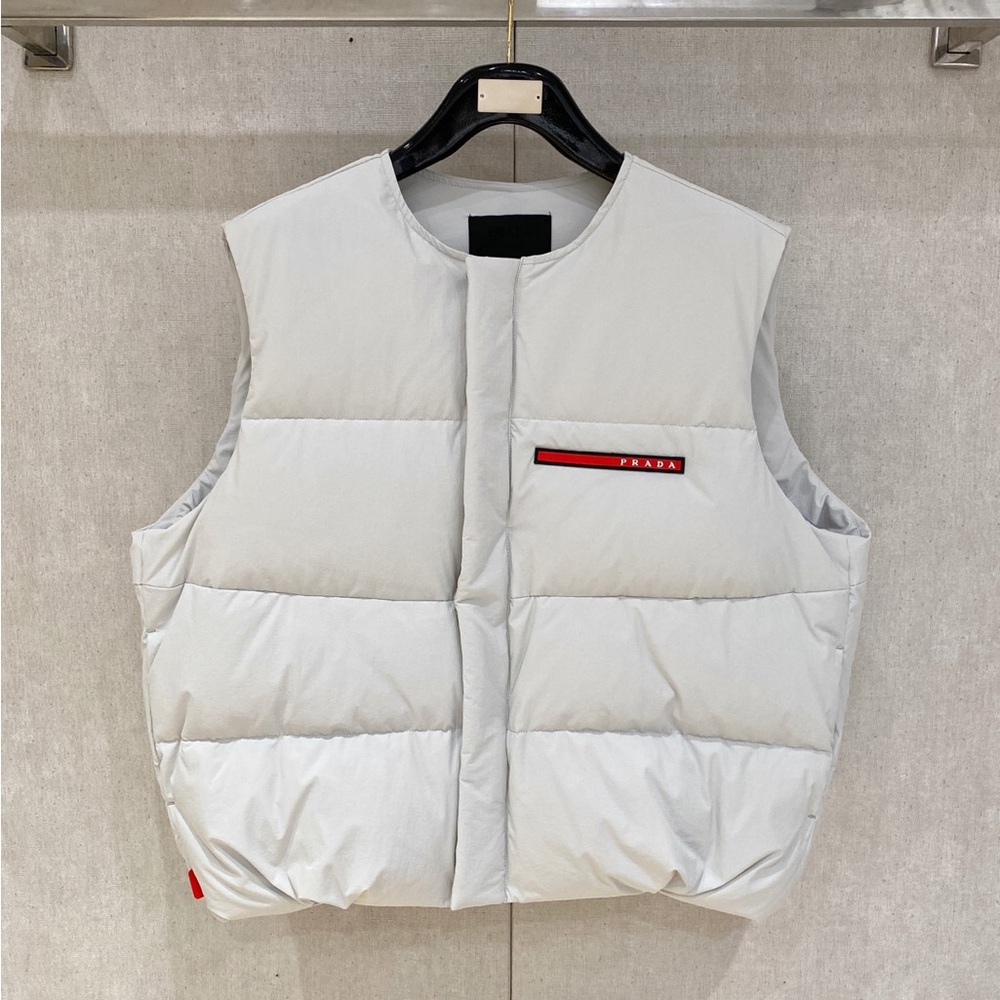 Prada Light Gray Quilted Puffer Vest with Red Logo Detail